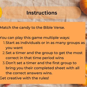 Op de afbeelding: Instructies voor een spel waarbij je snoepjes moet matchen met Bijbelverzen. Je kunt individueel of in groepen spelen. Er zijn drie manieren om te spelen: individueel, met een timer of zonder timer. Wees creatief met de regels!