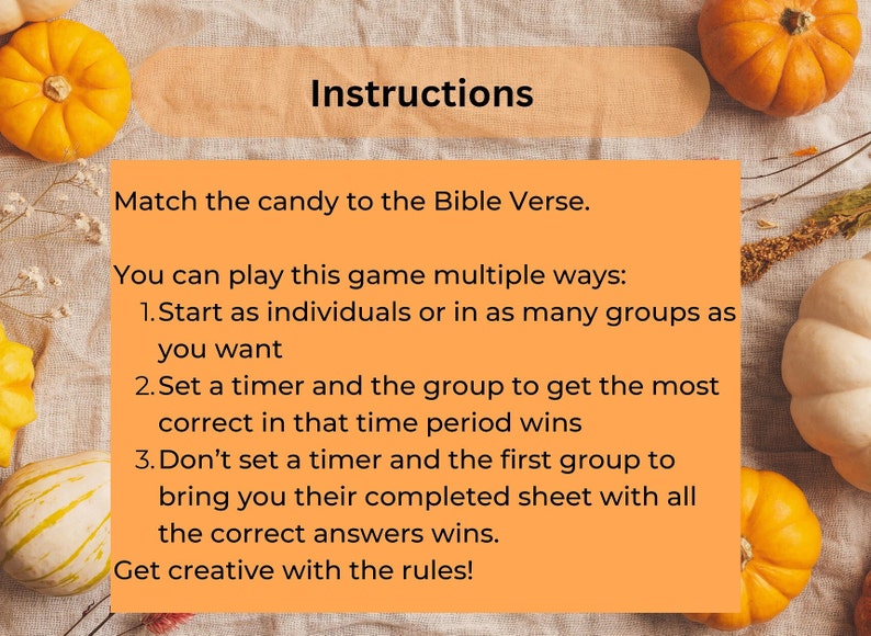 Op de afbeelding: Instructies voor een spel waarbij je snoepjes moet matchen met Bijbelverzen. Je kunt individueel of in groepen spelen. Er zijn drie manieren om te spelen: individueel, met een timer of zonder timer. Wees creatief met de regels!