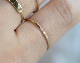 14k Solid Gold Three Diamond Stacking Ring, Minimalist Wedding Band
