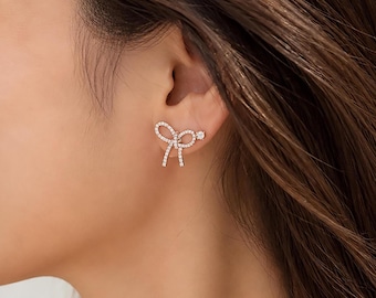 Sterling Silver Ribbon Bow Stud Earrings, Cubic Zirconia, Dainty Minimal Jewelry