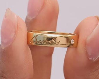 10K Gold Custom Engraved Name Ring, Minimalist Diamond Accent, Made to Order