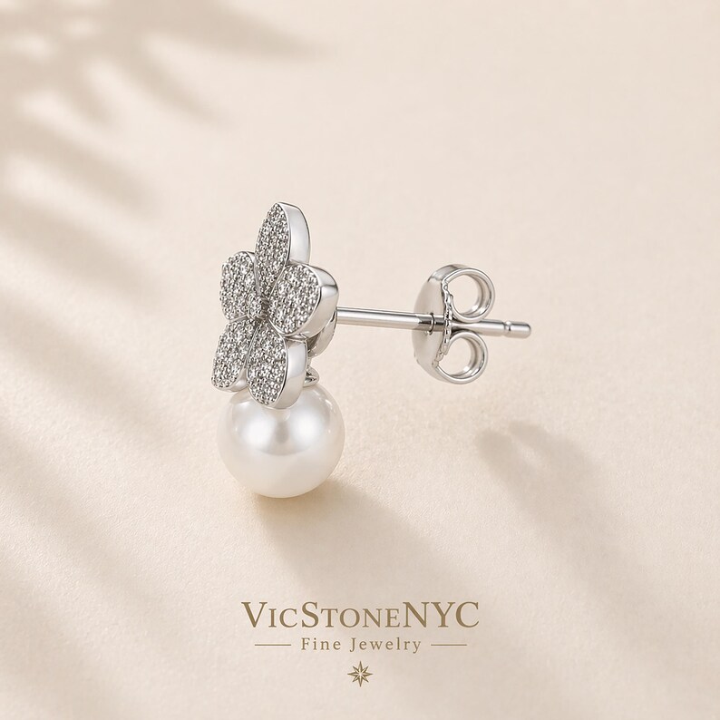 Camellia Pearl Earrings – Anniversary Wedding Jewelry in New York City - Jewelry Designer Brand by VicStoneNYC Fine Jewelry image 4