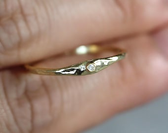 14k Solid Gold Hammered Diamond Band, Minimalist Stacking Ring
