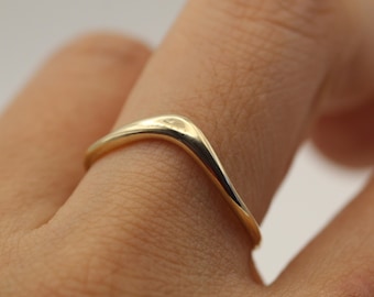 14k Solid Yellow Gold Soft Curve Ring, Minimalist Stacking Wedding Band, Dainty Anniversary Gift