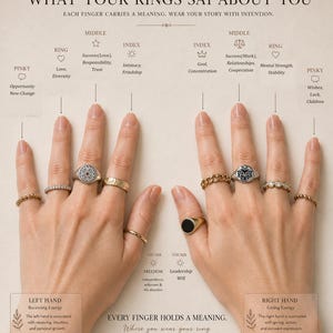 May include: A display of various rings on fingers, showcasing different designs and styles. The image includes text explaining the meaning of ring placement, with phrases like "What Your Rings Say About You" and "Every Finger Holds a Meaning."