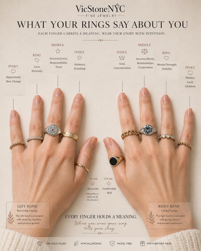 May include: A display of various rings on fingers, showcasing different designs and styles. The image includes text explaining the meaning of ring placement, with phrases like "What Your Rings Say About You" and "Every Finger Holds a Meaning."