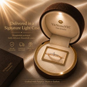 May include: A gold ring with multiple small gemstones is displayed inside a brown velvet jewelry box. The box is lit from above and has the text "VicStoneNYC Fine Jewelry". The text "Delivered in a Signature Light Case" is also visible.