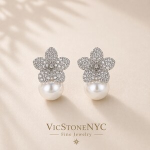 Camellia Pearl Earrings – Anniversary Wedding Jewelry in New York City - Jewelry Designer Brand by VicStoneNYC Fine Jewelry image 3