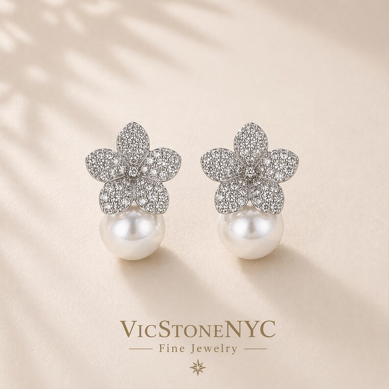 Camellia Pearl Earrings – Anniversary Wedding Jewelry in New York City - Jewelry Designer Brand by VicStoneNYC Fine Jewelry image 3