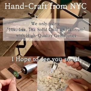 May include: Image of jewelry being crafted. Text reads "Hand-Craft from NYC" and "We only using '10k, 14k, 18k Solid Gold or Platinum' with High-Quality Gemstones." The image shows hands working with tools to create jewelry.