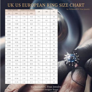 May include: Ring size chart with UK, US, and European measurements. Includes inside diameter and circumference in inches and millimeters. The chart is by VicStoneNYC Fine Jewelry.