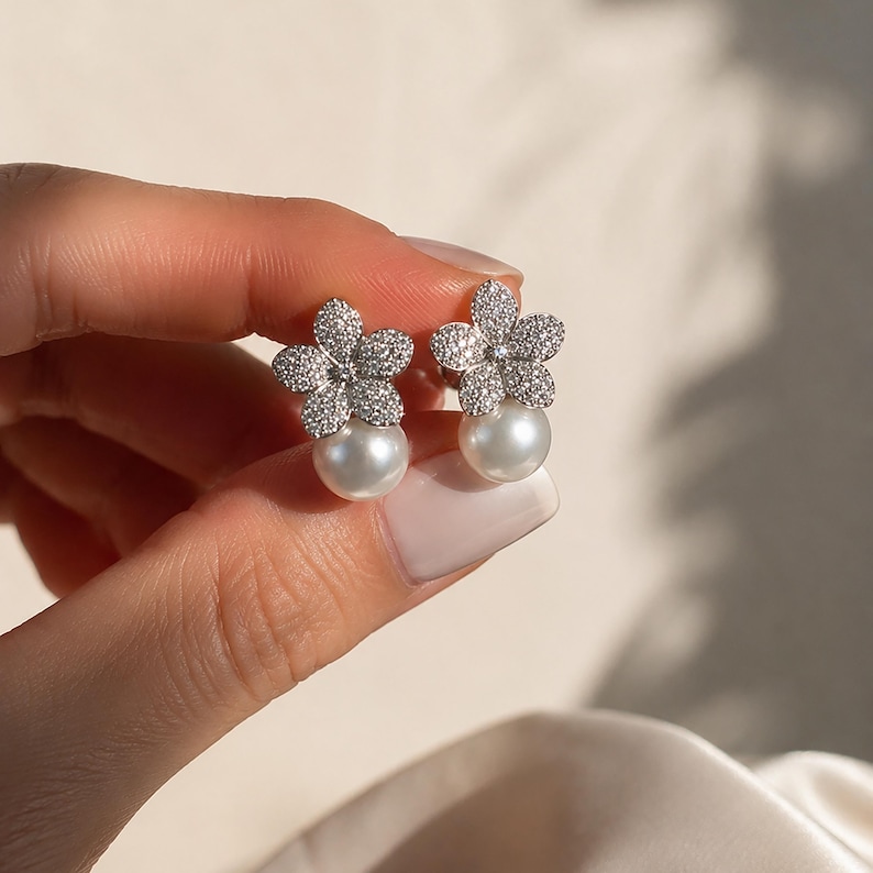 Camellia Pearl Earrings – Anniversary Wedding Jewelry in New York City - Jewelry Designer Brand by VicStoneNYC Fine Jewelry image 2