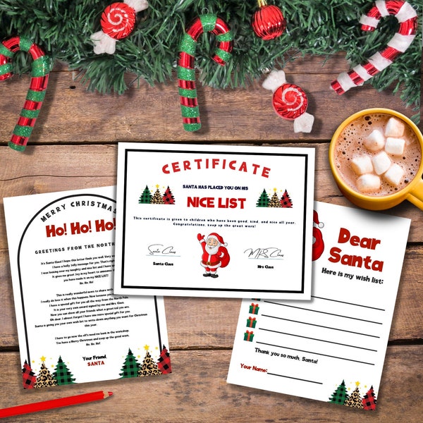 Christmas wish list printable bundle for kids. Santa clause award certificate signature download. Santa Claus letter kit.