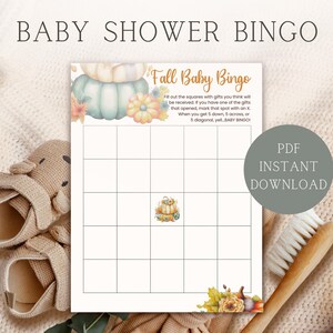 Bingo de otoño para bebés, juego para baby shower, juegos para descargar e imprimir, tema boho boho, juego para fiesta de baby shower, rellena el espacio en blanco, juego de adivinanzas