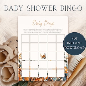 Bingo de otoño para bebés, juego para baby shower, juegos para descargar e imprimir, tema boho boho, juego para fiesta de baby shower, rellena el espacio en blanco, juego de adivinanzas
