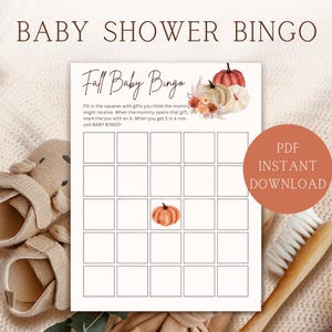 Bingo de otoño para bebés, juego para baby shower, juegos para descargar e imprimir, tema boho boho, juego para fiesta de baby shower, rellena el espacio en blanco, juego de adivinanzas