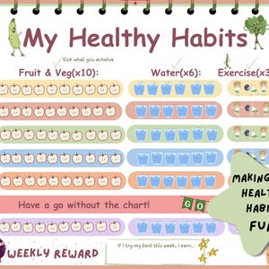May include: A colourful chart titled "My Healthy Habits" with sections for tracking fruit & vegetable intake, water consumption, and exercise. Includes illustrations of fruits, vegetables, and water glasses. The chart is designed to help children develop healthy habits.
