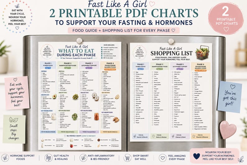 Pu&ograve; includere: Due grafici PDF stampabili intitolati "Fast Like A Girl" con guide alimentari e liste della spesa per supportare il digiuno e gli ormoni. I grafici sono esposti su un frigorifero con post-it e un magnete a forma di cuore.