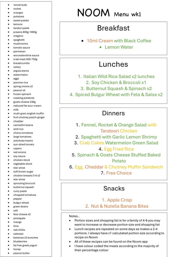 Menús NOOM x5 Menú familiar conciso que incluye listas de