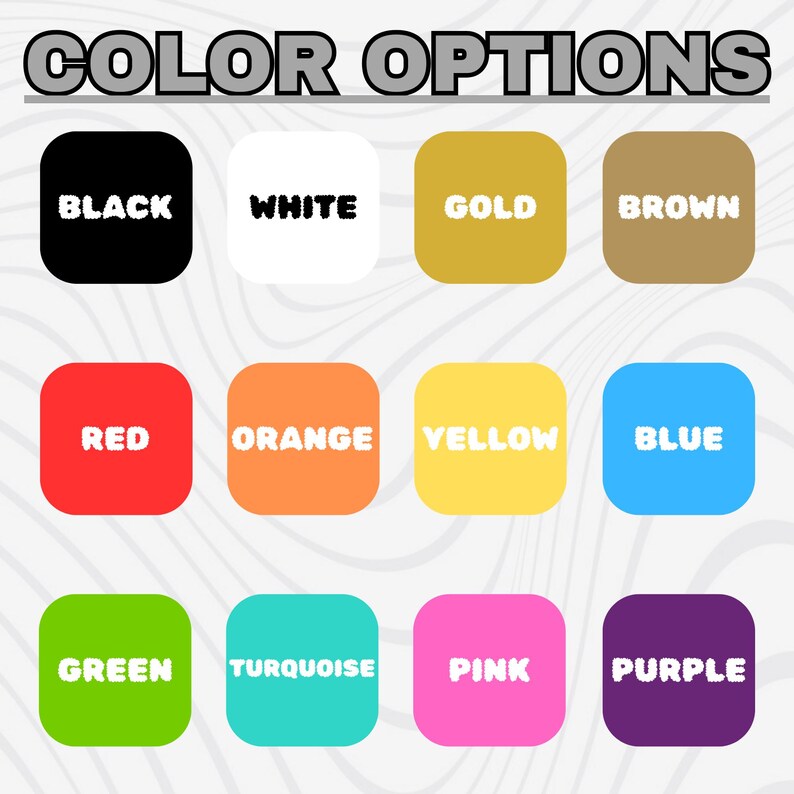 K&ouml;nnte beinhalten: Bild mit Farbauswahl und dem Text "COLOR OPTIONS" oben. Das Bild zeigt zw&ouml;lf Farbfelder in abgerundeten quadratischen Formen. Zu den Farben geh&ouml;ren Schwarz, Wei&szlig;, Gold, Braun, Rot, Orange, Gelb, Blau, Gr&uuml;n, T&uuml;rkis, Pink und Lila.