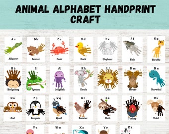 Pode incluir: Um gráfico colorido com 26 letras do alfabeto, cada uma emparelhada com uma ideia de artesanato de impressões de mãos de animais. O gráfico apresenta uma variedade de animais, incluindo um jacaré, castor, caranguejo, pato, elefante, peixe, girafa, ouriço, iguana, água-viva, coala, leão, alce, narval, coruja, pinguim, codorna, galo, preguiça, peru, urial, abutre, morsa, tetra de raios X, iac e zebra.