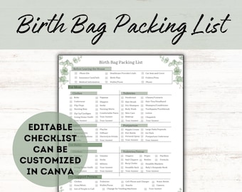 Birth Bag Packing List Printable Green, Hospital Bag Checklist, New Baby Checklist, New Mom Birth Packing List, Doula and Midwife Handout