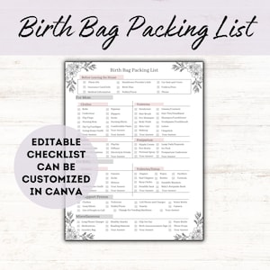 Birth Bag Packing List Template Lavender, Hospital Bag Checklist, New Baby Checklist, Mom Birth Packing List, Doula and Midwife Handout