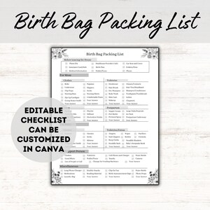 Hospital Bag Checklist Printable, Birth Bag Packing List Gray, Homebirth Checklist, Birth Packing List Template, New Baby Packing Checklist