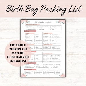 Birth Bag Packing List Printable Pink, Hospital Bag Checklist, New Baby Checklist, Mom Birth Packing List, Doula and Midwife Resource