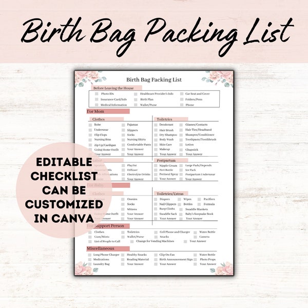 Birth Bag Packing List Printable Pink, Hospital Bag Checklist, New Baby Checklist, Mom Birth Packing List, Doula and Midwife Resource