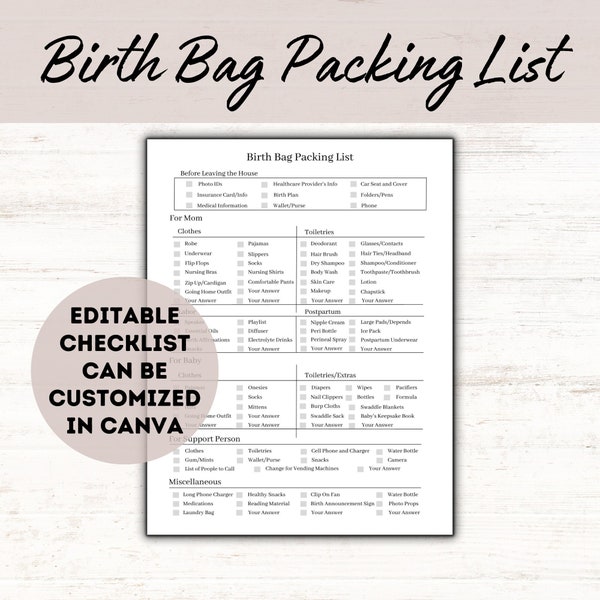 Birth Bag Packing List Printable Purple, Hospital Bag Checklist, Homebirth Checklist New Mom Birth Packing List, Doula and Midwife Handout
