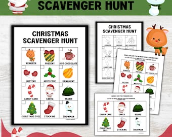 Peut inclure: Jeu de chasse au trésor de Noël avec 12 cartes illustrées incluses. Le jeu présente des images de rennes, de cadeaux, de chocolat chaud, de mitaines, de gui, d'ornements, de cannes en bonbon, du Père Noël, de bonnets, de sapins, de bas et de bonhommes de neige.