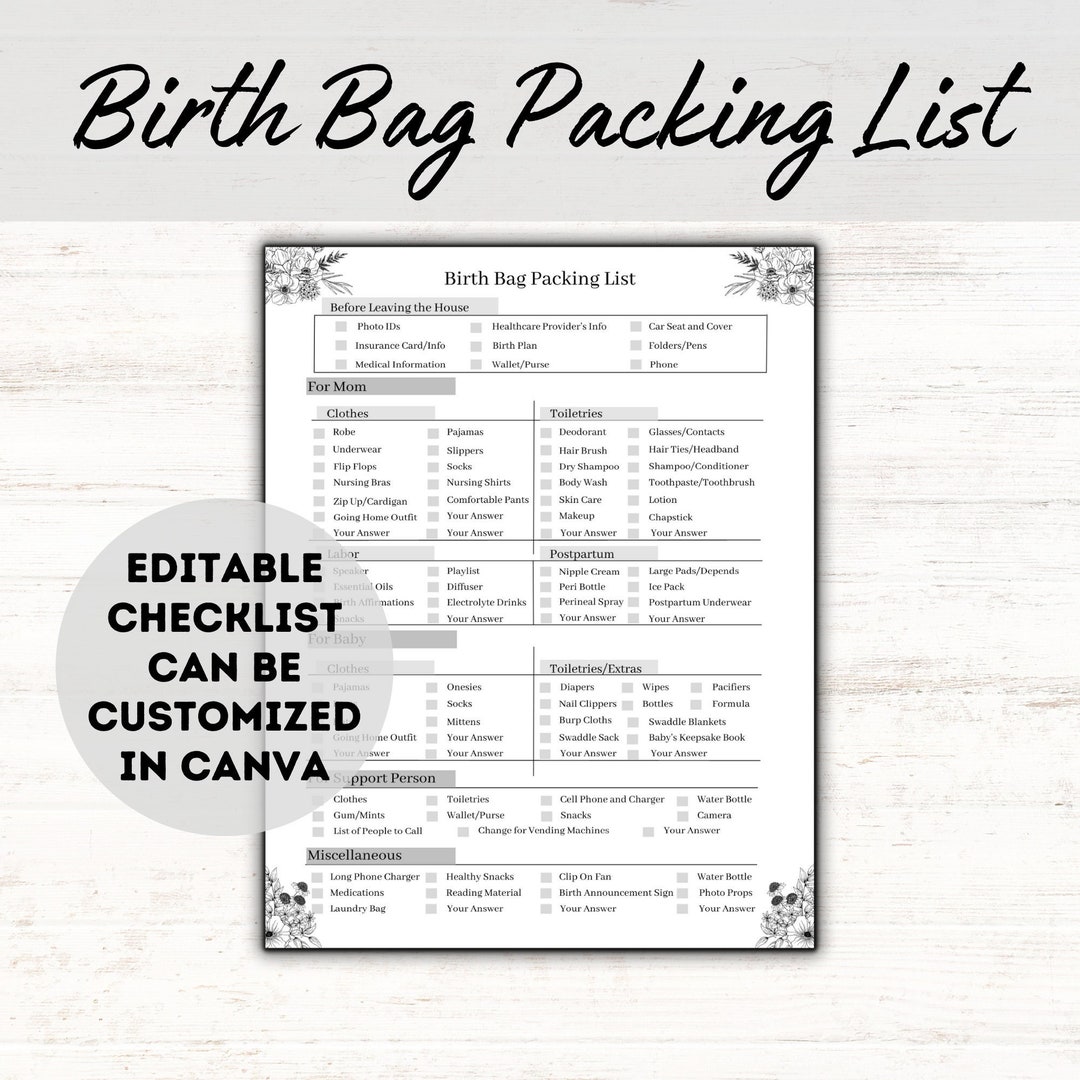 Hospital Bag Checklist Printable, Birth Bag Packing List Gray, Homebirth Checklist, Birth ...