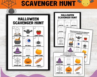 May include: Halloween Scavenger Hunt game with 12 picture cards included. The game features images of a tombstone, bat, candy apple, cauldron, eyeball, spider, witch's hat, ghost, candy corn, spider web, pumpkin, and candy.