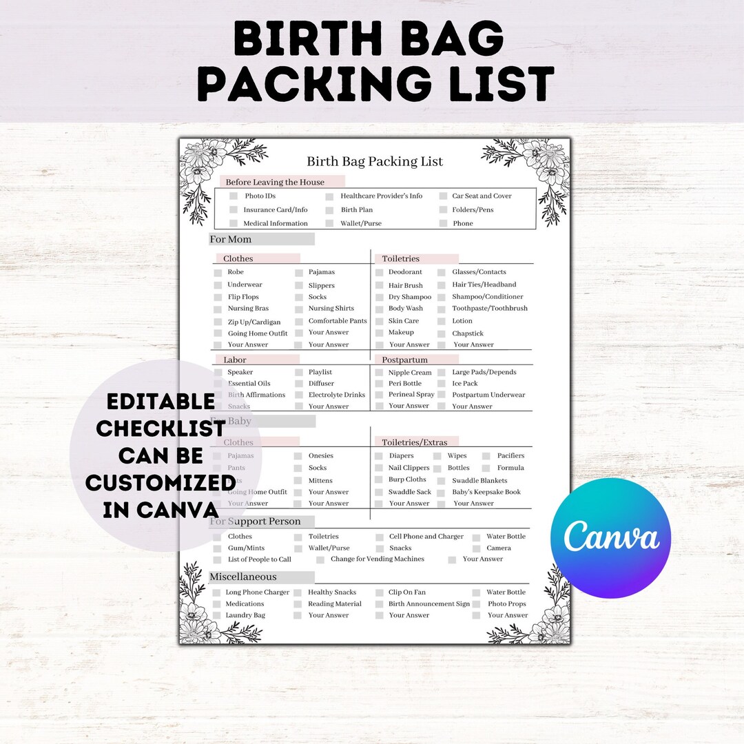 Birth Bag Packing List Template Lavender Hospital Bag Etsy