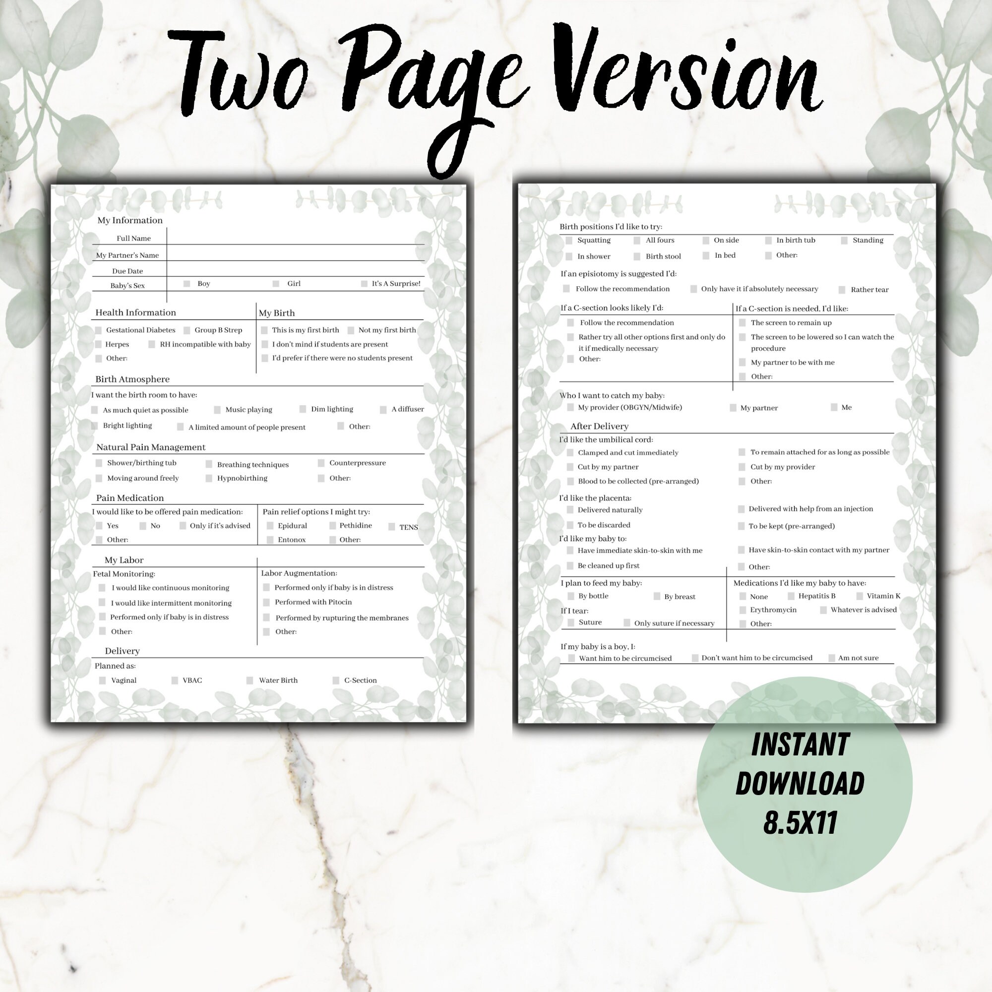 Birth Plan Template Printable Eucalyptus, Natural Birth Plan, Hospital Birth Plan, Homebirth