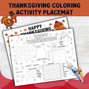 Thanksgiving Placemat, Printable Coloring Placemat for Kids, Thanksgiving Printable Activity Mat, Thanksgiving Classroom Activity
