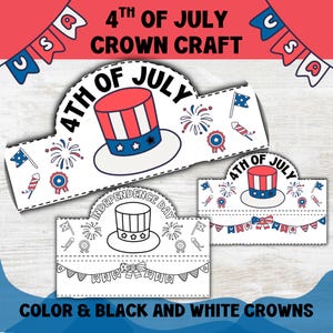 4th of July Crown Craft Activity, Coloring Printable Independence Day Crown, Patriotic Crown Craft for Preschool Elementary Kids