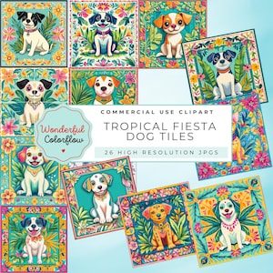 May include: A collection of colorful square tiles featuring cartoon dogs in various poses, surrounded by floral patterns. The text on the image reads "COMMERCIAL USE CLIPART, TROPICAL FIESTA DOG TILES, 26 HIGH RESOLUTION JPGs" and "Wonderful Colorflow".