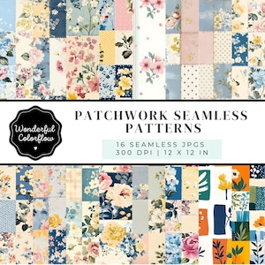 Floral Patchwork Seamless Patterns – Quilted Fabric Digital Paper, Cozy Textile Backgrounds, Scrapbooking & Sublimation JPGs