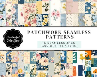 Floral Patchwork Seamless Patterns – Quilted Fabric Digital Paper, Cozy Textile Backgrounds, Scrapbooking & Sublimation JPGs