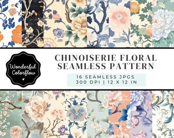 May include: A collection of 16 seamless JPGs featuring Chinoiserie floral patterns. The designs showcase various floral arrangements in soft pastel colors, including peonies and branches, with a resolution of 300 DPI and dimensions of 12 x 12 inches.