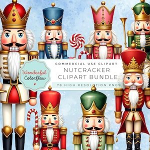 以下が含まれることがあります： カラフルなくるみ割り人形のクリップアート画像のコレクション。くるみ割り人形は、金色のアクセントが付いた赤、青、緑、ピンクの制服を着ています。画像には「Commercial Use Clipart Nutcracker Clipart Bundle 78 High Resolution PNGs」と書かれたテキストが含まれています。