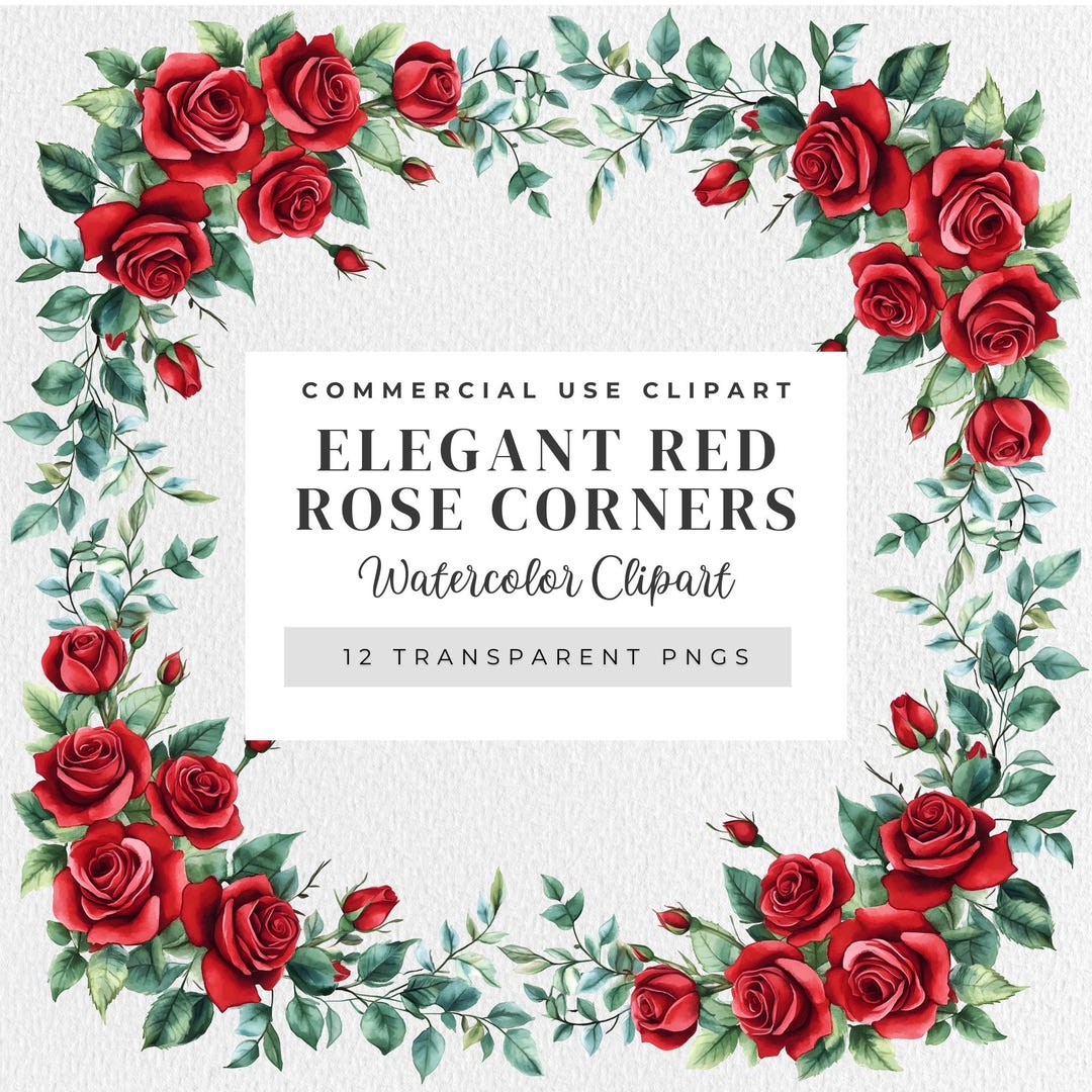Red Roses Corner Pattern Elegant Red Rose Corners: Watercolor Clipart, Wedding Invitations ...