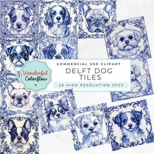 Delf Dog Tiles Clipart – Blue and White Delft Style, Traditional Dutch Porcelain Inspired, Watercolor Digital Art for Crafts & Decor