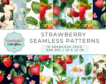 Strawberry Seamless Patterns – Watercolor Digital Papers, Summer Fruit Backgrounds, Berry Scrapbook Paper, Sublimation, Scrapbooking, Crafts
