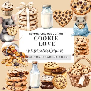 May include: Watercolour clipart set of cookies, milk, and mice. The set includes a variety of cookies, including chocolate chip, oatmeal raisin, and sugar cookies. There are also two mice, one holding a cookie and the other wrapped in a blue blanket. The set also includes two bottles of milk. The text "COMMERCIAL USE CLIPART COOKIE LOVE Watercolor Clipart 32 TRANSPARENT PNGS" is displayed on a white banner.