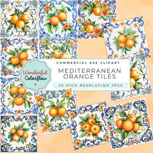 May include: A collection of watercolor tiles featuring oranges and foliage. Each tile has a blue and white decorative border. The text on the image reads "Commercial Use Clipart" and "Mediterranean Orange Tiles". The tiles are square and arranged on a peach-colored background.