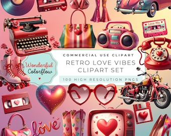 Retro Love Vibes Clipart Set, Valentine Retro Clipart, Pink Love Elements, Vintage Romance Graphics, Cute Valentine PNG.