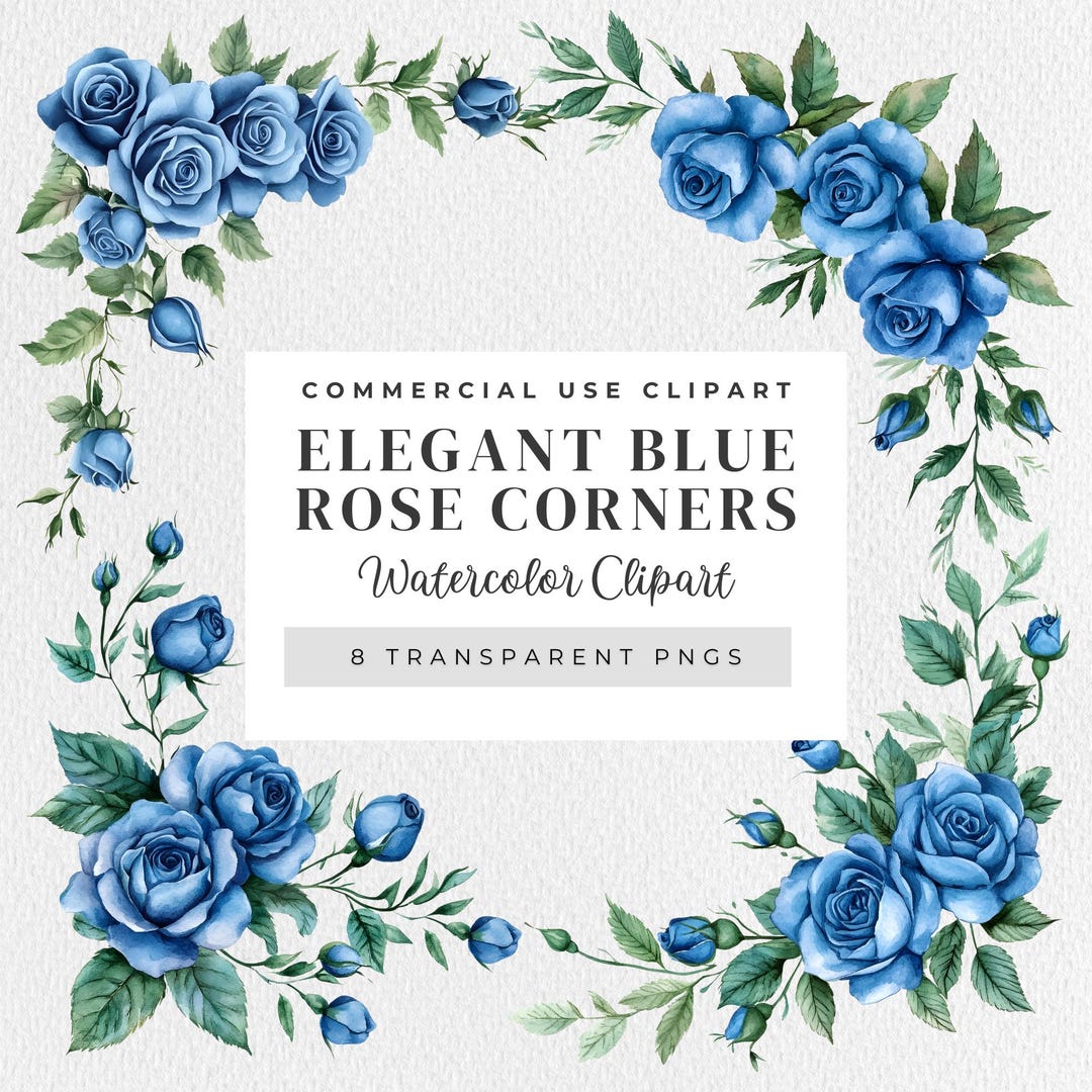 Elegant Blue Rose Corners: Watercolor Clipart - Etsy